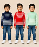 Kids Boys Full Sleeve Hi-Neck Stripes Rib T-shirt | Age 9 to 24 Months | Pack of 3 Pieces
