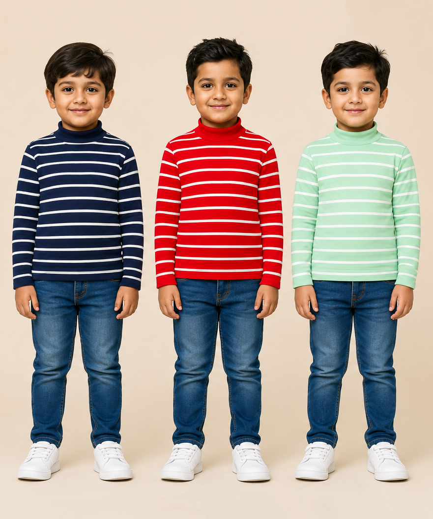 Kids Boys Full Sleeve Hi-Neck Stripes Rib T-shirt | Age 9 to 24 Months | Pack of 3 Pieces