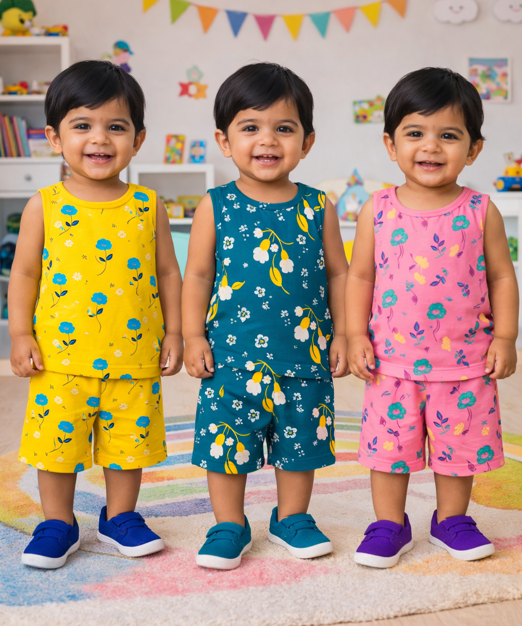 Boys Cotton Cartoon Printed Kids Sleeveless Set Combo | Age 0 to 3 Years | T-shirt & Shorts (Combo Set Pack of 3)