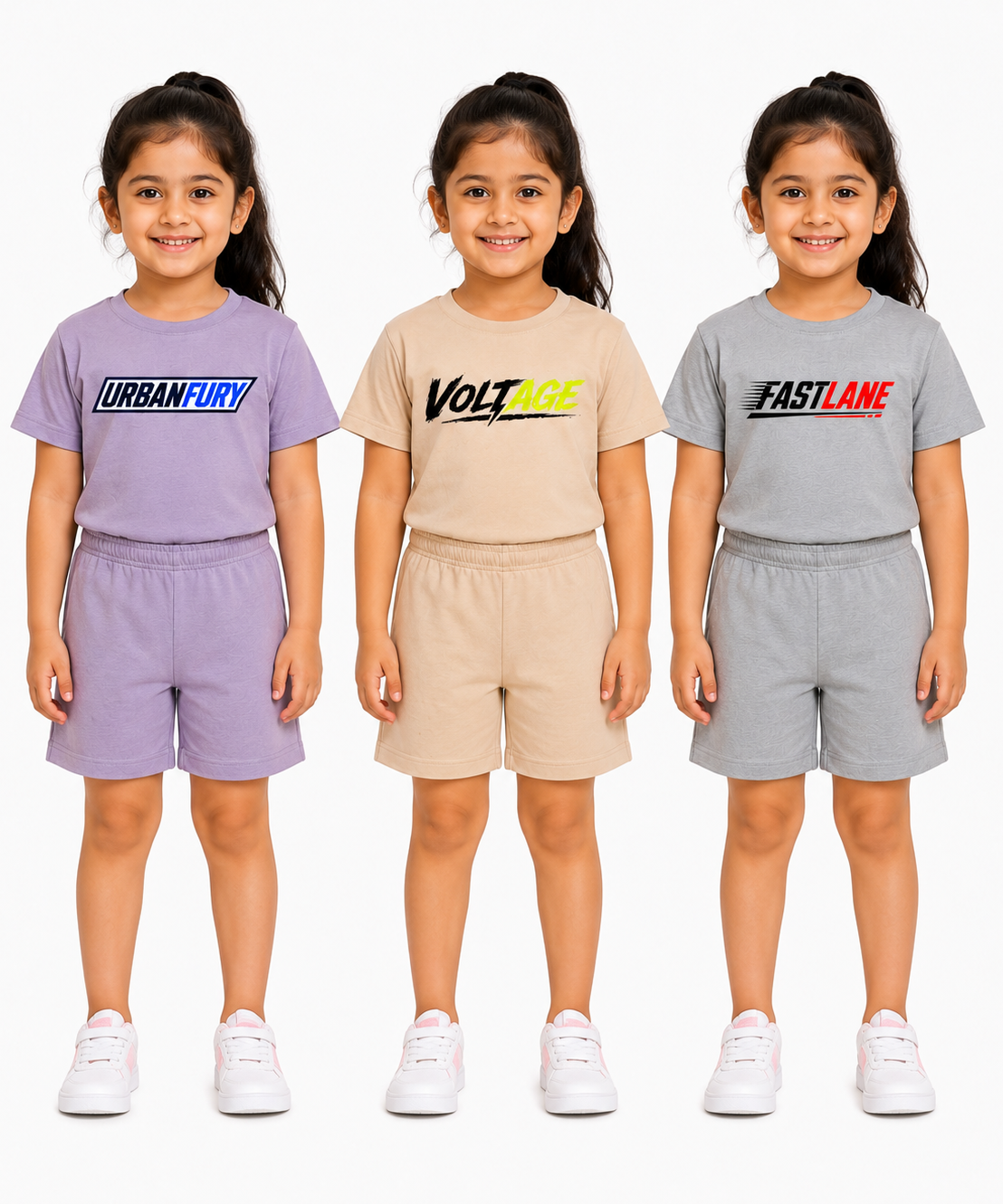 Kids Typography Print T-Shirt & Shorts Co-Ord Set for Girls | Age 6 Months-3 Years | Pack Of 3 Set Combo