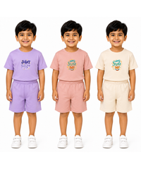 Kids Cartoon Print T-Shirt & Shorts Co-Ord Set for Boys | Age 6 Months-3 Years | Pack Of 3 Set Combo