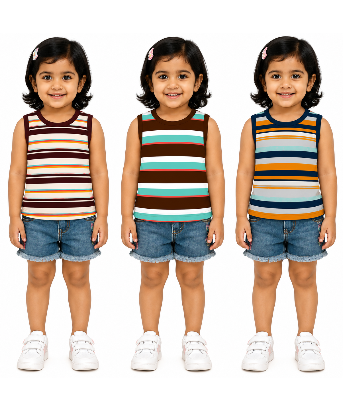 Cotton Stripes Girls Kids Sleeveless Tshirt (Pack of 3)