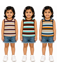 Cotton Stripes Girls Kids Sleeveless Tshirt (Pack of 3)