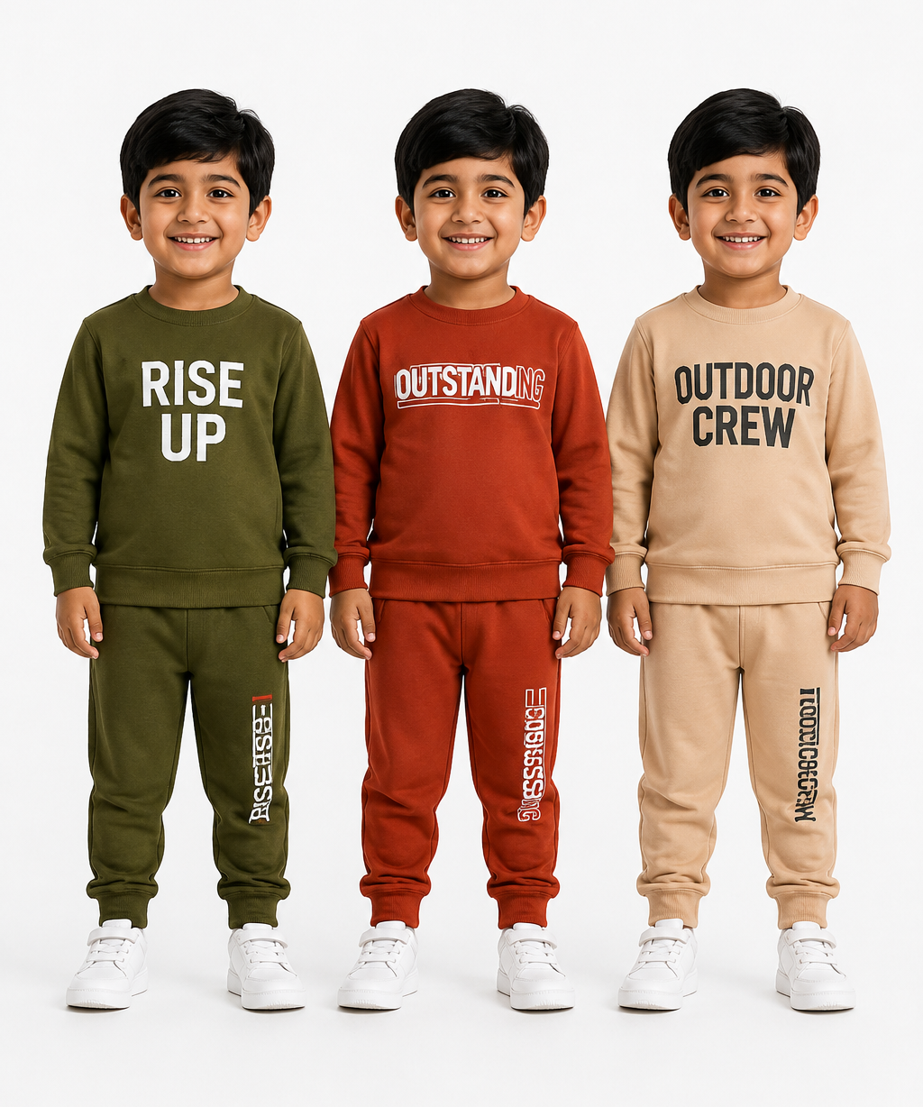 Boys Full Sleeve Cotton Winter Co-Ord Set | Typography Chest Printed Sweatshirt & Jogger Track Pant | Age 1 to 4 Years (Pack of 3 Sets)