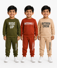 Boys Full Sleeve Cotton Winter Co-Ord Set | Typography Chest Printed Sweatshirt & Jogger Track Pant | Age 1 to 4 Years (Pack of 3 Sets)