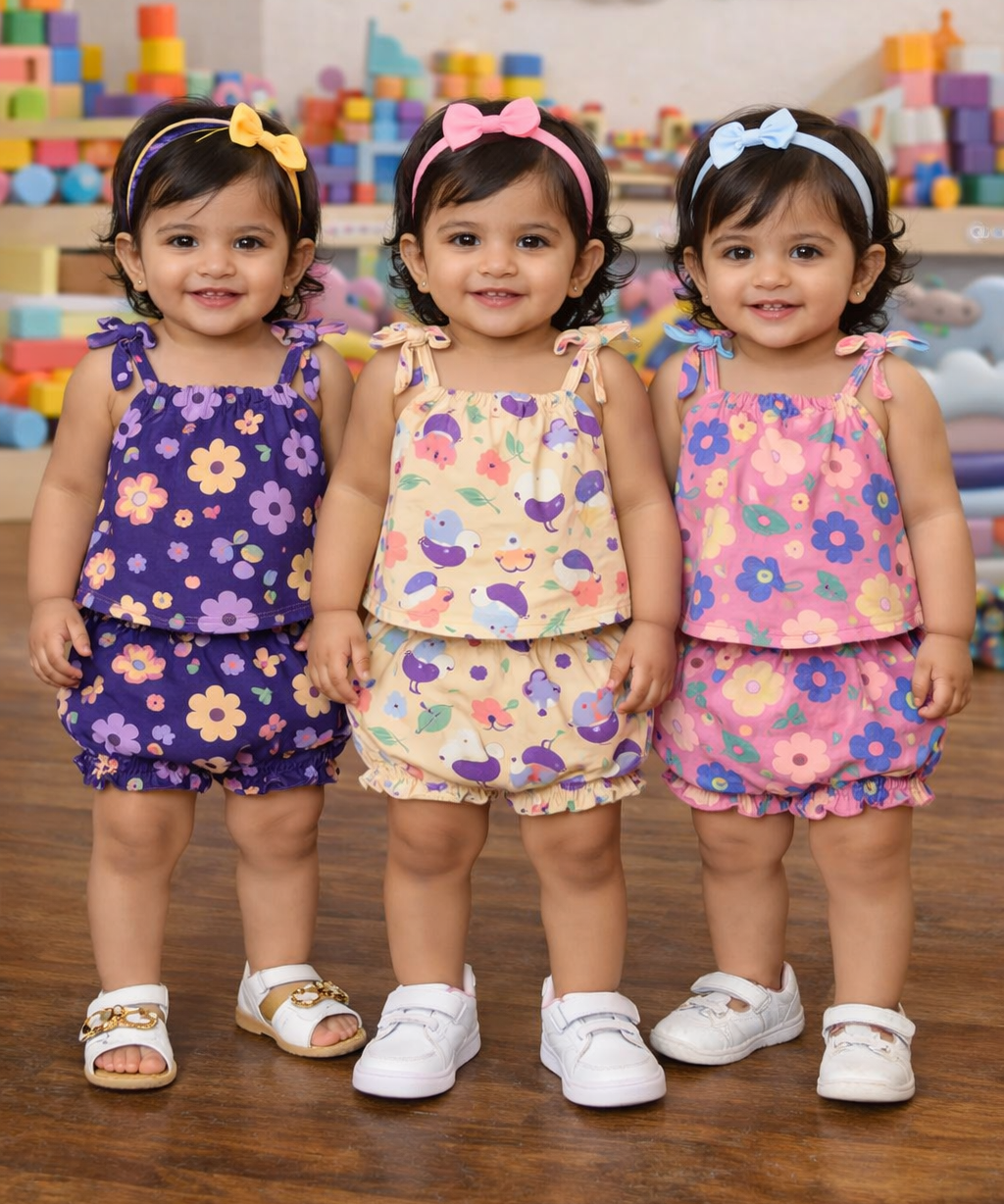 Boy & Girl Baby Printed Top Knot Dress | Top and Shorts Set | 100% Pure Cotton (Pack of 3 Sets Combo)