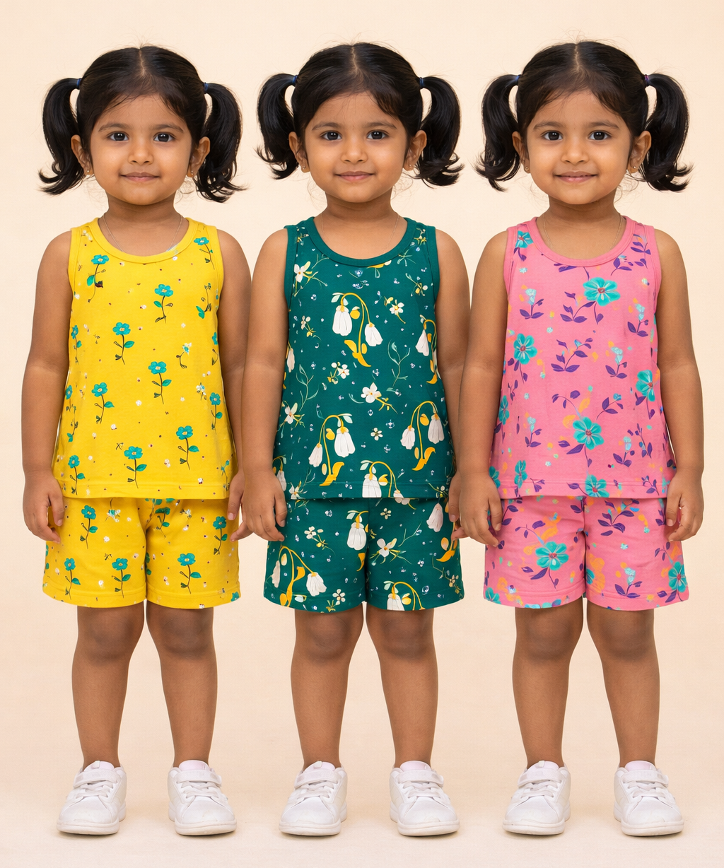 Girls Cotton Cartoon Printed Kids Sleeveless Set Combo | Age 0 to 3 Years | Sleeveless T-shirt & Shorts Co-ord Set (Pack of 3 Sets)