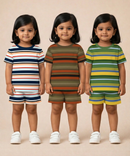 Girls Cotton Stripes Kids Co-ord Set Combo / Age 1-4 Years | T-shirt & Shorts (Combo Set Pack of 3)
