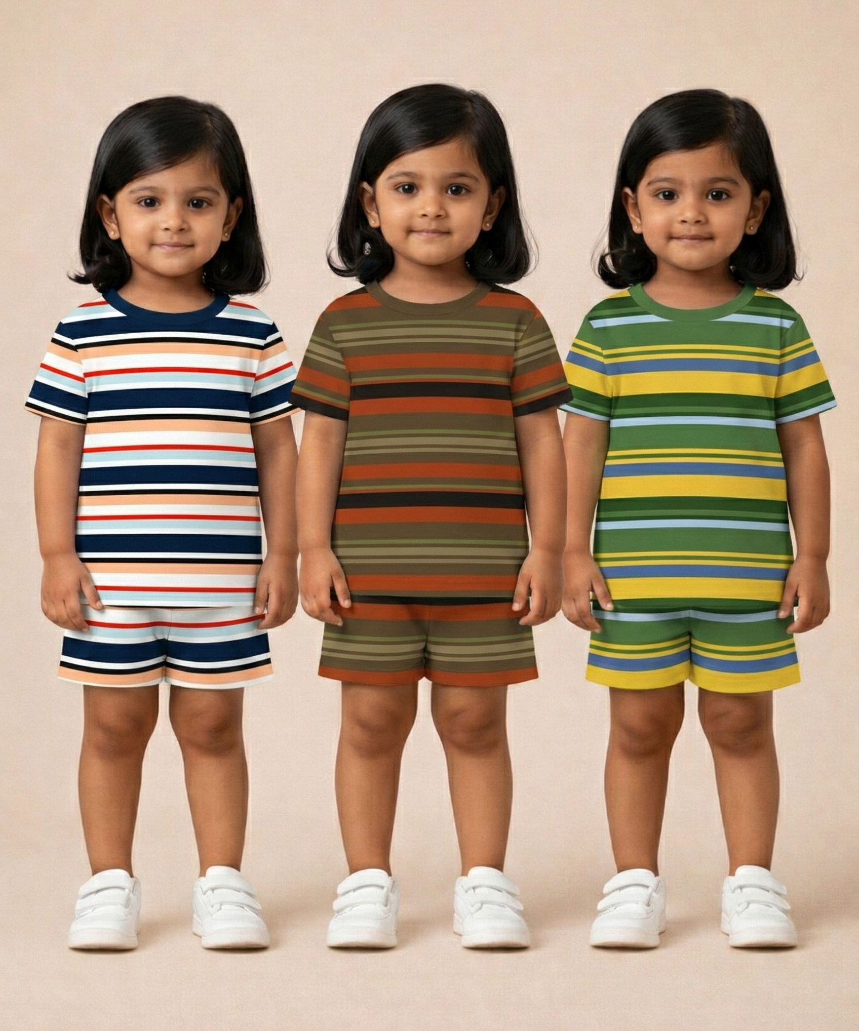 Girls Cotton Stripes Kids Co-ord Set Combo / Age 1-4 Years | T-shirt & Shorts (Combo Set Pack of 3)