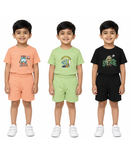 Kids Cartoon Print T-Shirt & Shorts Co-Ord Set for Boys | Age 6 Months-3 Years | Pack Of 3 Set Combo
