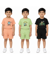 Kids Cartoon Print T-Shirt & Shorts Co-Ord Set for Boys | Age 6 Months-3 Years | Pack Of 3 Set Combo