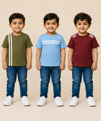 Kids Boys Popcorn Stripes Half Sleeve T-Shirt | Age 3 to 6 Years (Pack of 3 Pieces)