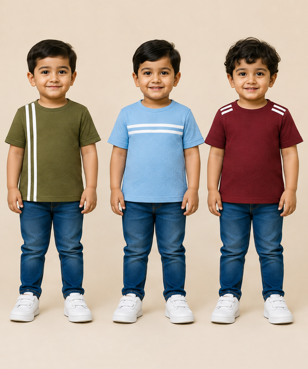 Kids Boys Popcorn Stripes Half Sleeve T-Shirt | Age 3 to 6 Years (Pack of 3 Pieces)
