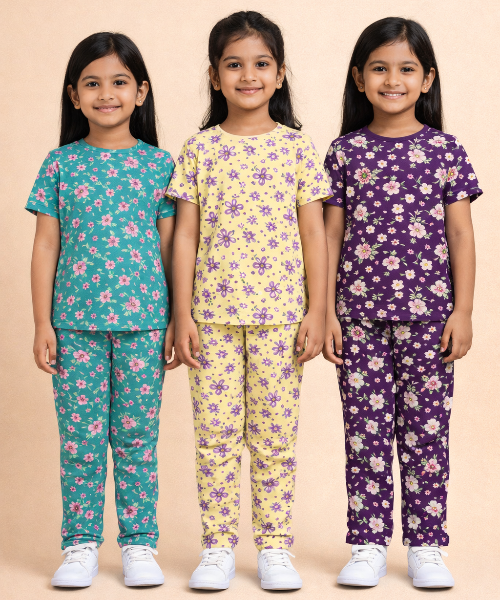Girl Kids All Over Printed Co-ord Set | Tshirt and Pant | Age 2 to 10 Years (Pack of 3 Sets)