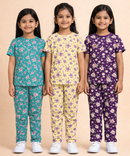 Girl Kids All Over Printed Co-ord Set | Tshirt and Pant | Age 2 to 10 Years (Pack of 3 Sets)