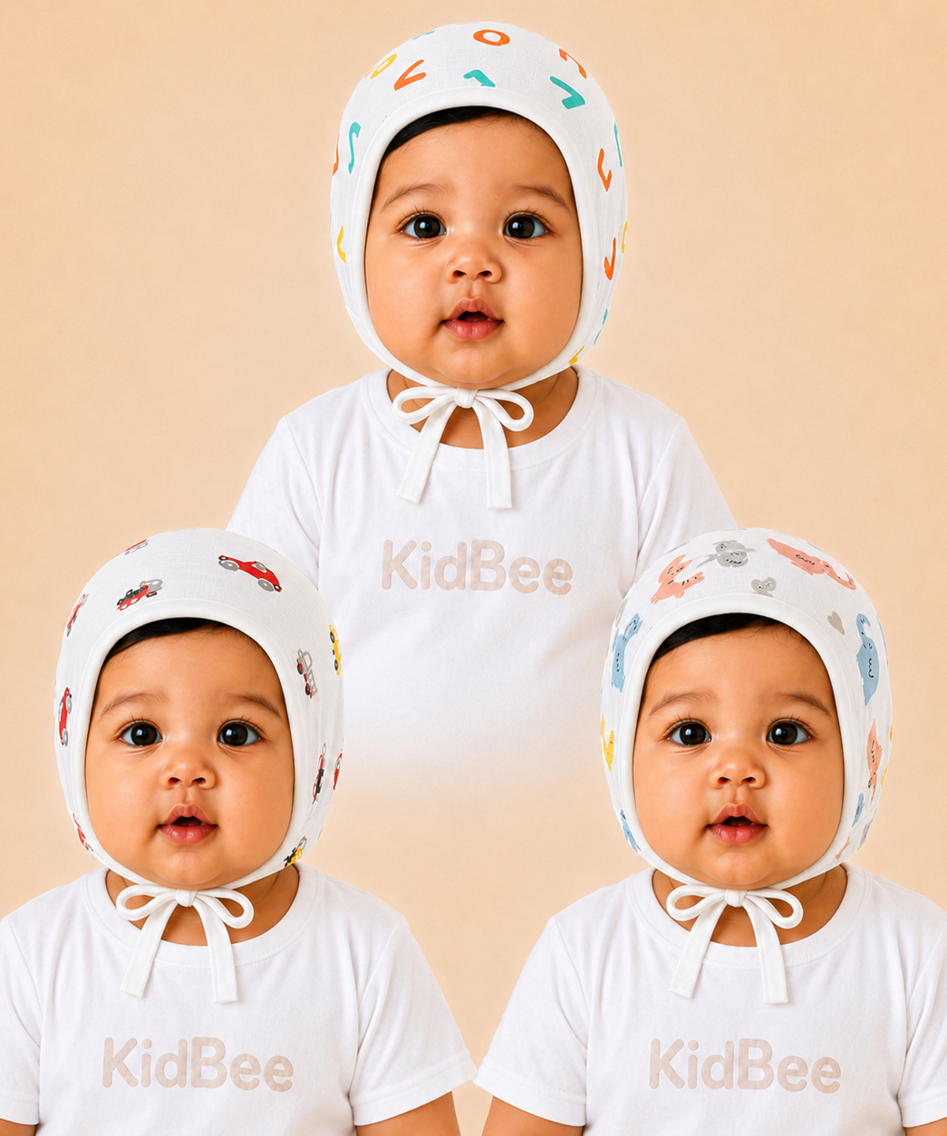 Baby Muslin Cotton Printed Bonnet Cap with Chin Tie – Soft & Comfortable Infant Headwear | 0–12 Months (Pack of 3)