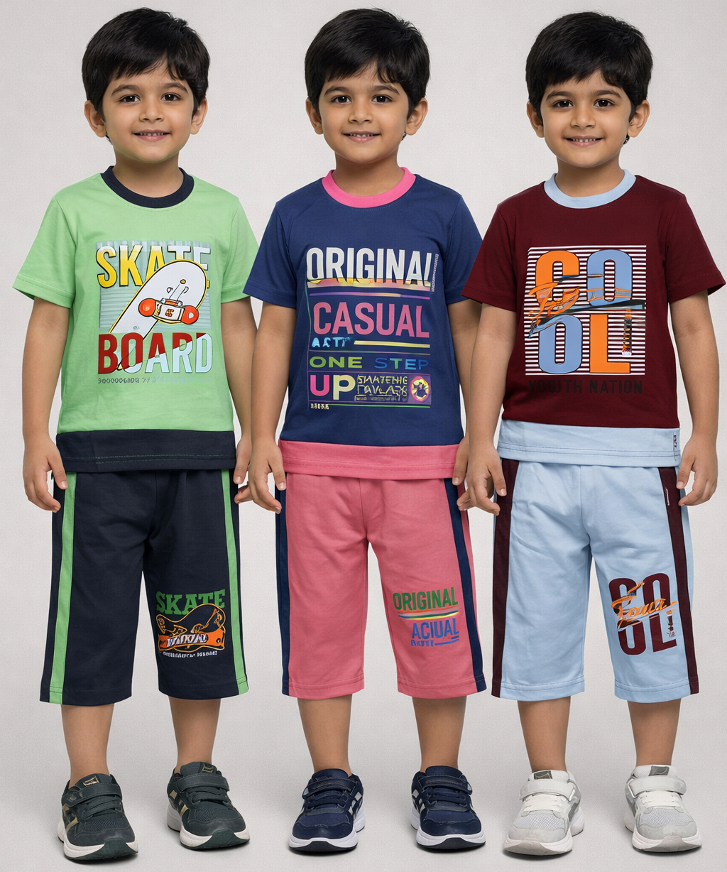 Boy Kid Co-ord Set | Half sleeve T-shirt and 3/4 pant for Boy Kids | Sizes Age 4 to 7 Years (Pack of 3 Set) - 927