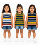 Cotton Stripes Girls Kids Sleeveless Tshirt (Pack of 3)