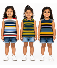 Cotton Stripes Girls Kids Sleeveless Tshirt (Pack of 3)