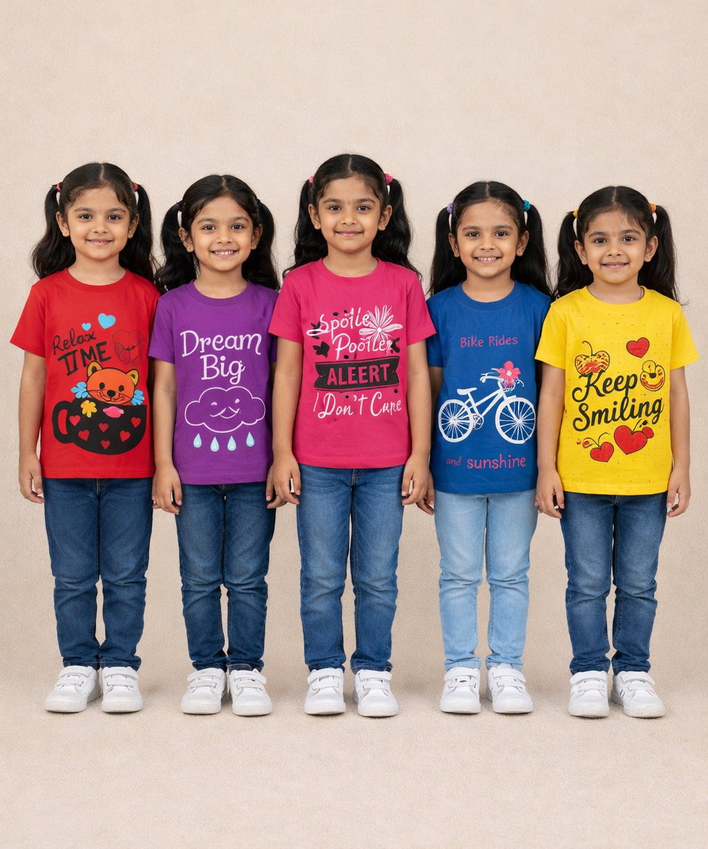 Cotton Half Sleeve Girls T-shirt Front Printed Multi Color | Age 2 to 7 Years (Pack of 5 Pieces)