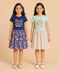 Girls Printed Half Sleeve Cotton Contrast Frock Dress | Floral Knee Length Casual Wear for Kids | Age - 5 to 10 Years | (Pack of 2)