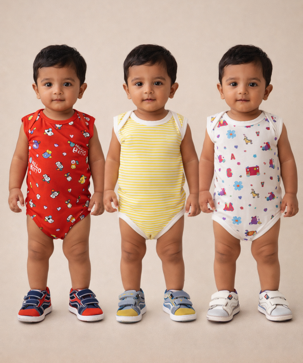Boy & Girl Baby Sleeveless Bodysuit | 100% Pure Cotton | Age 0-12 Months (Pack of 3 Combo)