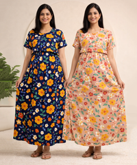 Maternity Feeding Maxi Dress | Nursing Friendly Nighty Style (Pack of 2 Pieces)