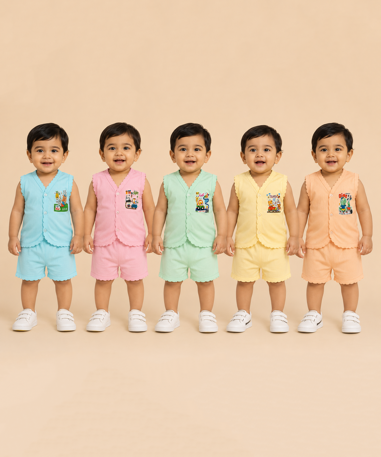 Boy & Girl Babies Poly Cotton Sleeveless Printed Top & Shorts Co-ord Set | 0-6 Months (Pack of 5) - Style 3