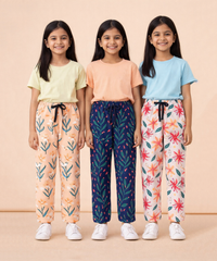 Girls Cotton Printed Track Pants (Pack of 3) | Nightwear & Casual | 6–9 Years