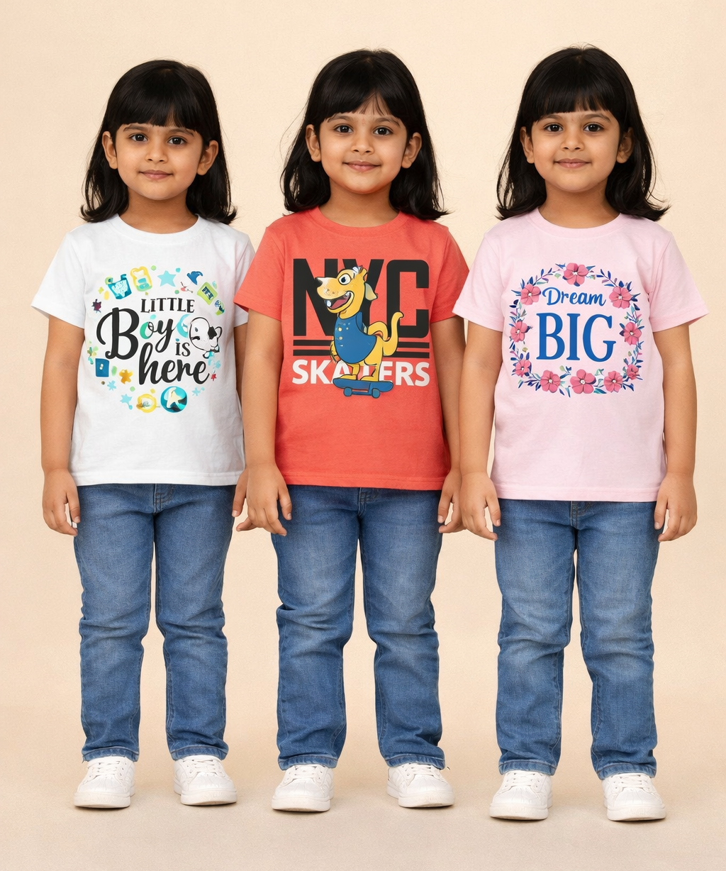 Kids 100% Cotton Fine Tshirt With Printed Multi Colour | Age 1 to 6 Years (Pack of 3 Pieces)