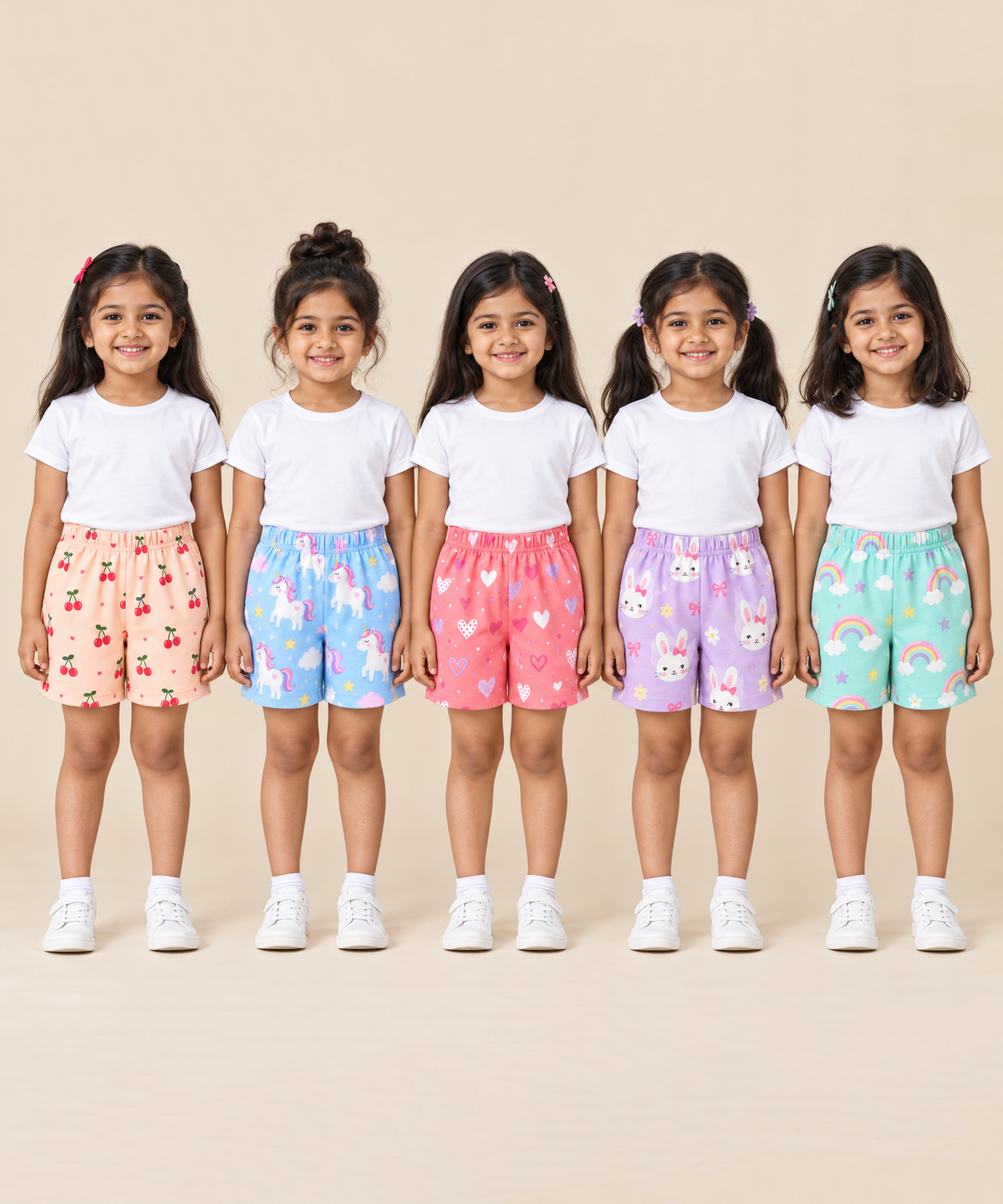 Girls Printed Cotton Shorts | Soft Elastic Waist Casual Shorts | Age 4 to 12 Years (Pack of 5 Pieces)