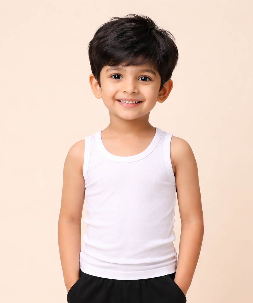 Kids Boys White Cotton Inner Vest – Comfortable Sleeveless Undershirt ( Pack Of 5 Combo )