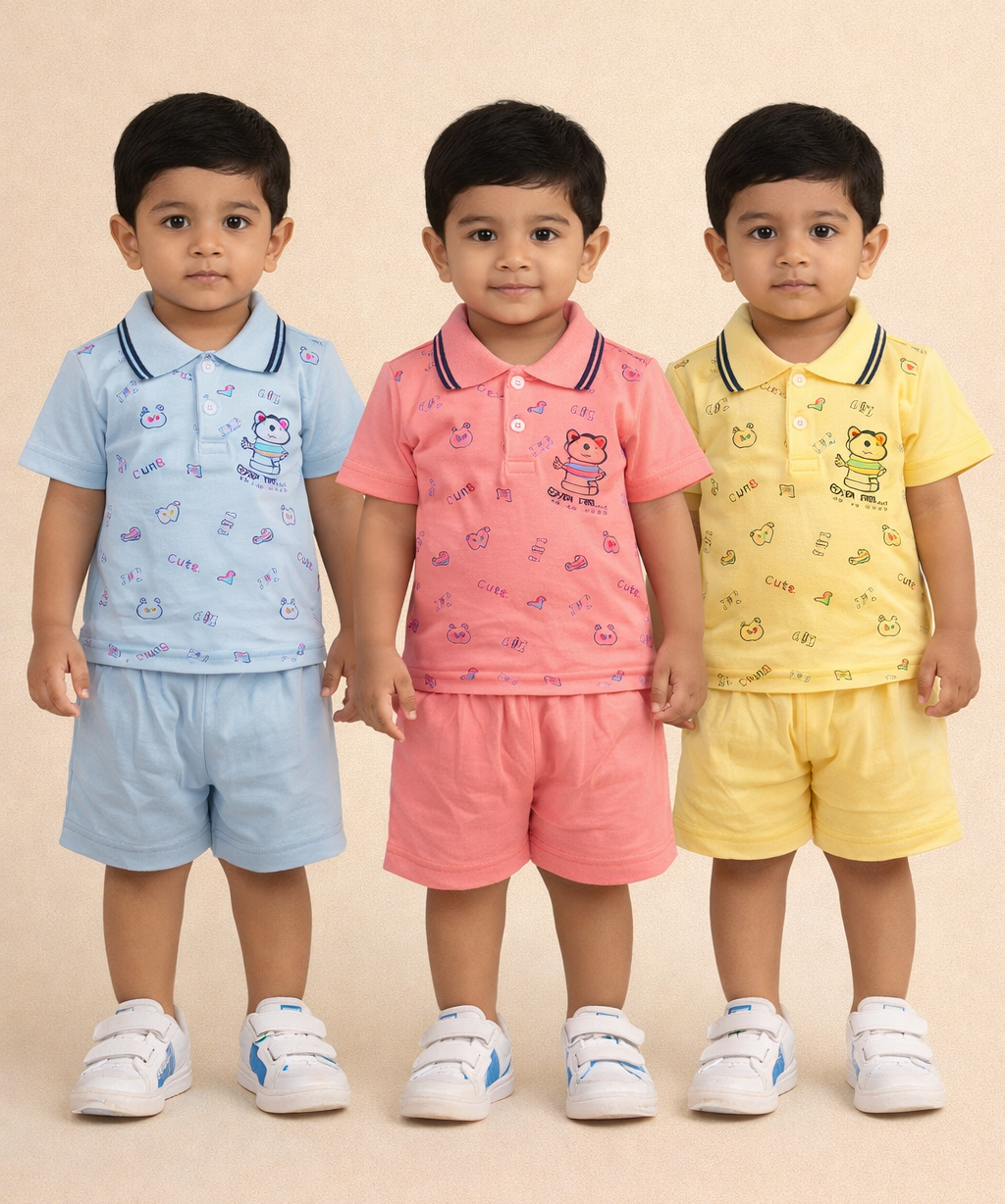 Boy & Girl Baby Unisex Cotton Polo/Collar Babies Co-ord Set Combo / Age 0-24 Months (Tshirt & Shorts Set Pack of 3) - 2120