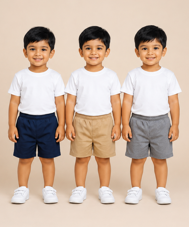 Pure Cotton Plain Shorts for Boys Kid with Elastic Age 3 Months to 4 Years (Pack of 3)