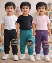 Cotton Track Pant with Bottom Cuff | Random Cartoon Printed | Age 0 to 5 Years (Pack of 3 Pieces)