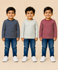 Kids Boys Cotton Stripes Full Sleeve T-shirt | Age 0-3 Years (Pack of 3)