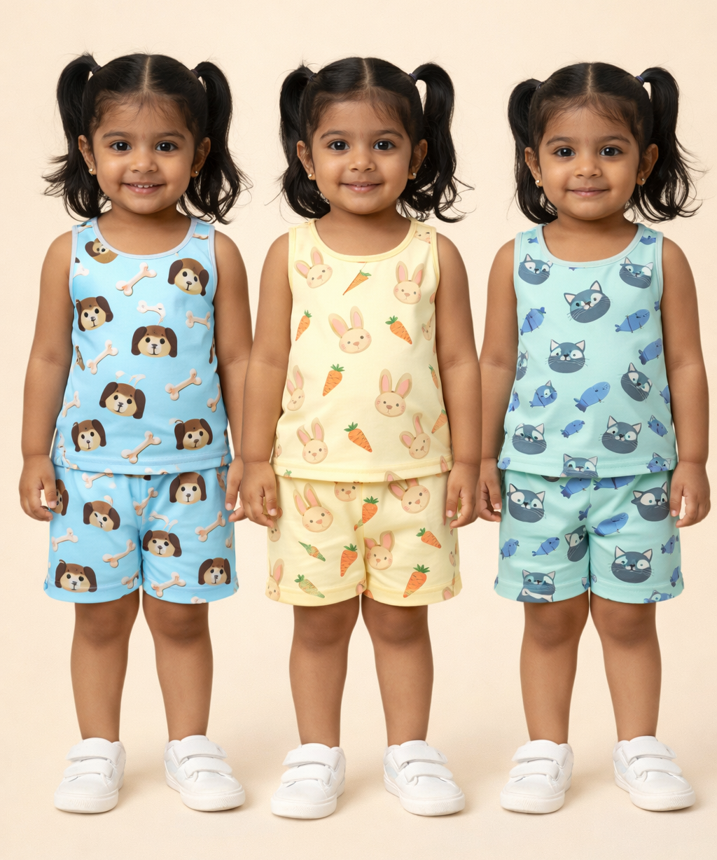 Girls Cotton Cartoon Printed Kids Sleeveless Set Combo | Age 0 to 3 Years | Sleeveless T-shirt & Shorts Co-ord Set (Pack of 3 Sets)