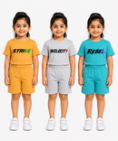 Kids Typography Print T-Shirt & Shorts Co-Ord Set for Girls | Age 6 Months-3 Years | Pack Of 3 Set Combo