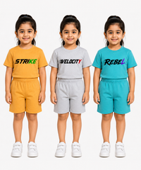 Kids Typography Print T-Shirt & Shorts Co-Ord Set for Girls | Age 6 Months-3 Years | Pack Of 3 Set Combo