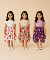 Cotton Fish Midi Floral Printed Skirt | Casual wear for Girl Kids Age 2 To 9 Years (Pack of 3)