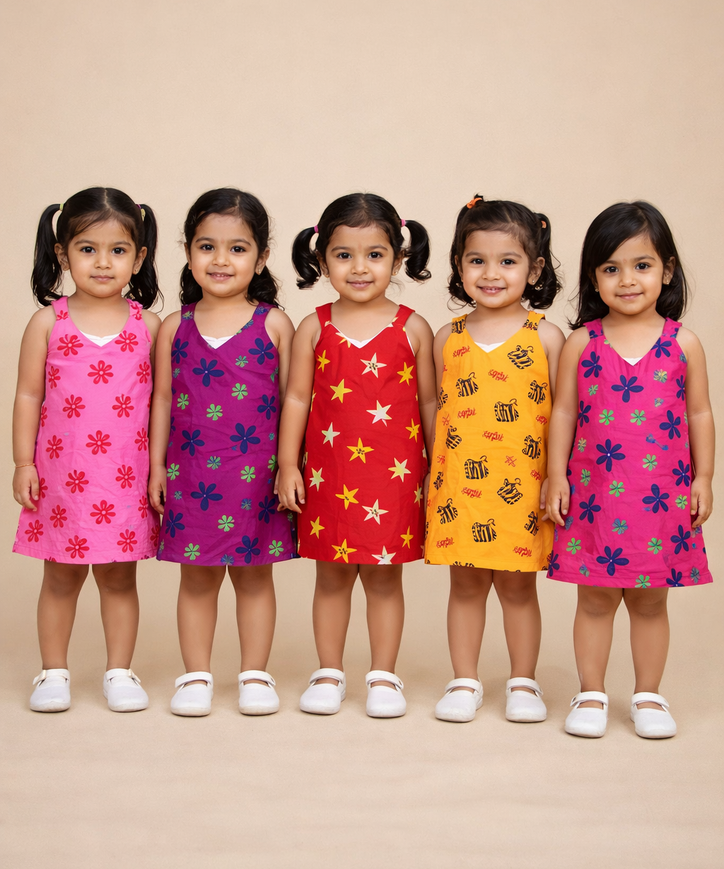 Girls 100% Cotton Printed 0 To 4 Years Gown Dress/Frock Dress (Pack of 5)