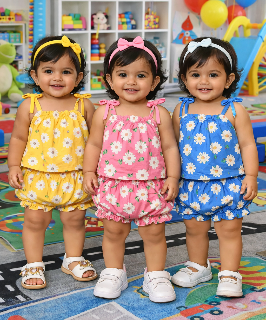 Boy & Girl Baby Printed Top Knot Dress | Top and Shorts Set | 100% Pure Cotton (Pack of 3 Sets Combo)