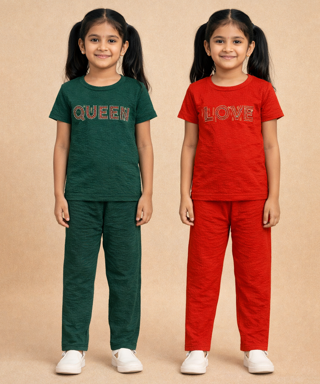 Girls Textured Polyester Co-ord Set | Half Sleeve Top & Pants | Pack of 2 Pieces