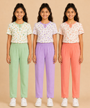 Girls Cotton Printed T-Shirt with Vertical Textured Lines Full-Length Pant Nightwear | Age 8 to 15 Years (Pack Of 3 Sets)