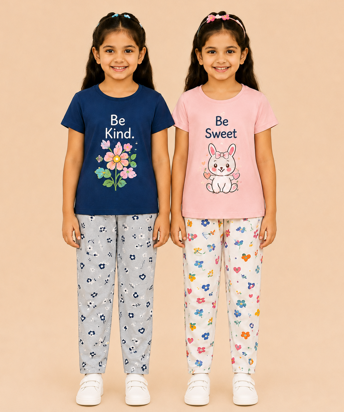 Girls Printed Cotton Night Suit Combo | Graphic Printed T-Shirts & Floral Night Pant | Age-2 to 6 Years | Pack Of 2 Sets