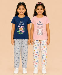 Girls Printed Cotton Night Suit Combo | Graphic Printed T-Shirts & Floral Night Pant | Age-2 to 6 Years | Pack Of 2 Sets