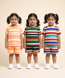 Girls Cotton Stripes Kids Co-ord Set Combo / Age 1-4 Years | T-shirt & Shorts (Combo Set Pack of 3)