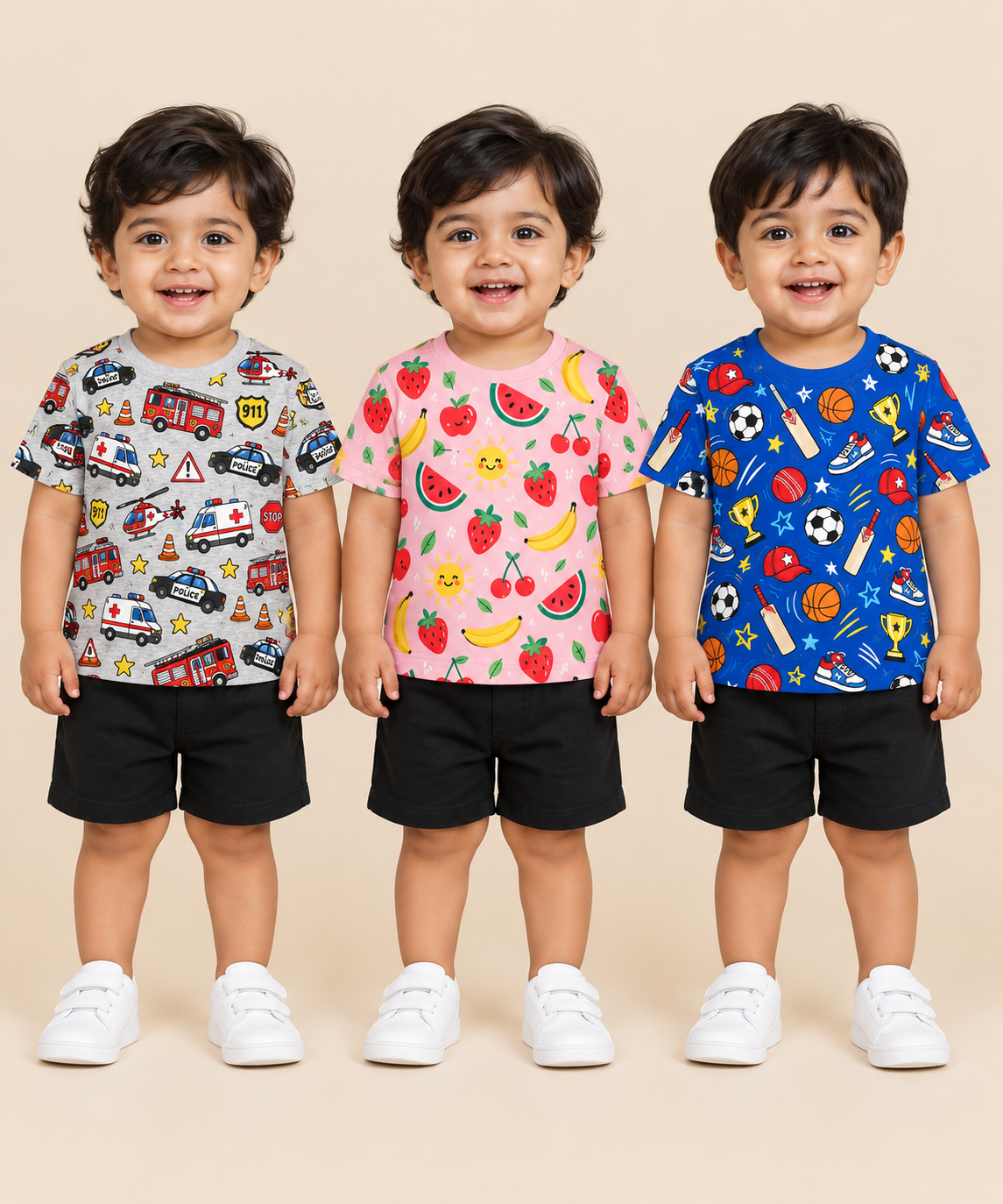 Baby Boys All Over Printed Cotton T-Shirt Multi Colour | Age 0 to 36 Months (Pack of 3 Pieces)