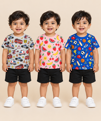 Baby Boys All Over Printed Cotton T-Shirt Multi Colour | Age 0 to 36 Months (Pack of 3 Pieces)