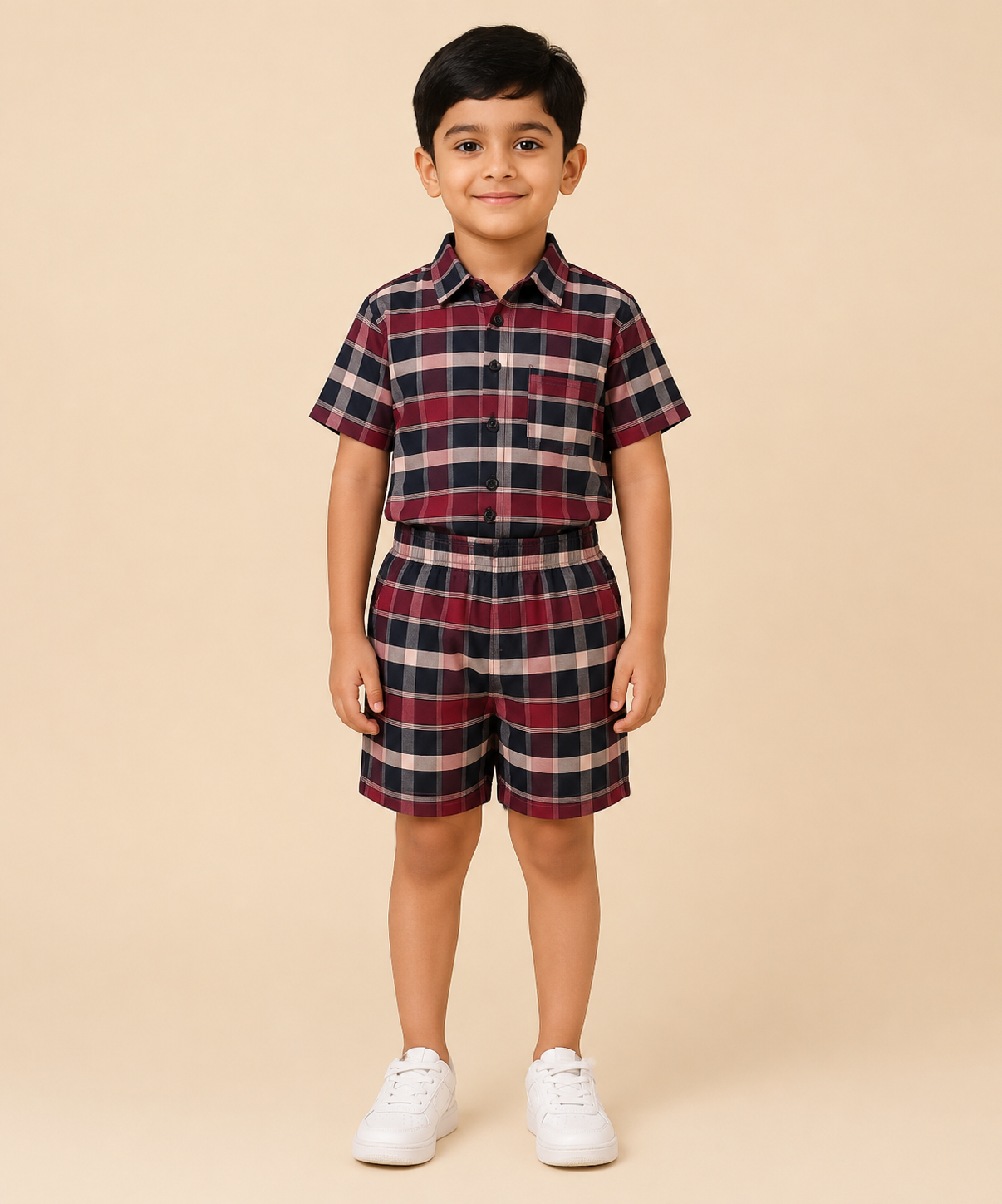 Polyester Checked Shirt and Shorts Set for Boy Kids Casual Wear Half Sleeve Co-Ord Set with Elastic Waist Shorts | Age 6 to 7 Years